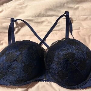 Victoria's Secret Plunge Bombshell Push Up Blue with Black Lace 38C Back Closure